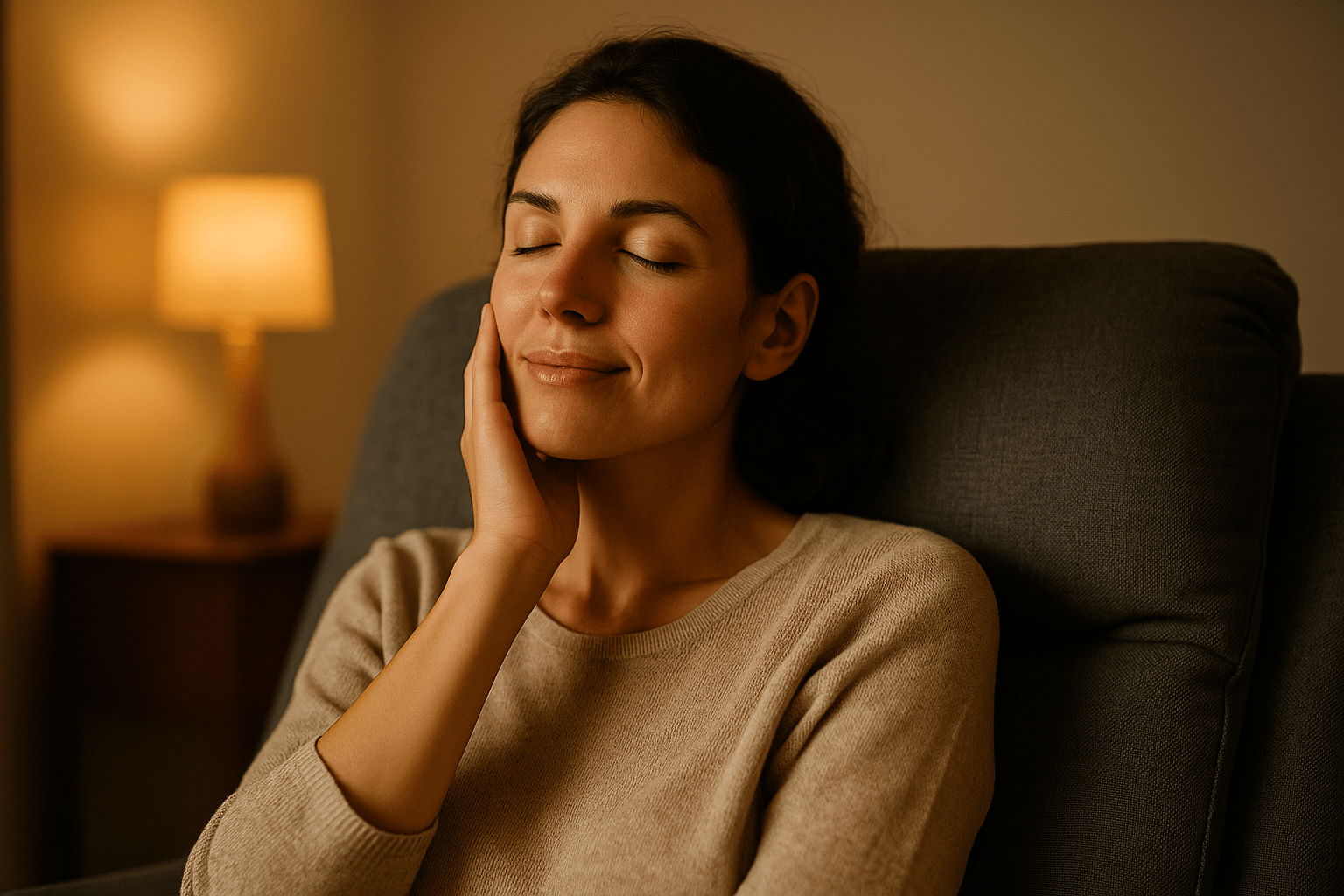 Une femme détend les muscles de sa mâchoire grâce à un massage doux pour lutter contre le grincement des dents
