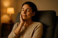 Une femme détend les muscles de sa mâchoire grâce à un massage doux pour lutter contre le grincement des dents