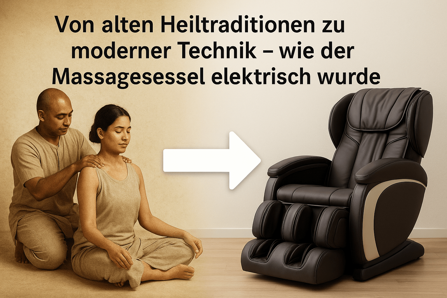 Un homme masse les épaules d'une femme et une flèche indiquant un fauteuil de massage électrique