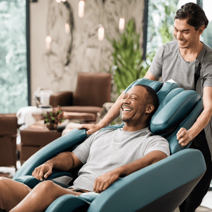 Un homme est assis dans un fauteuil de massage, un autre se tient derrière lui
