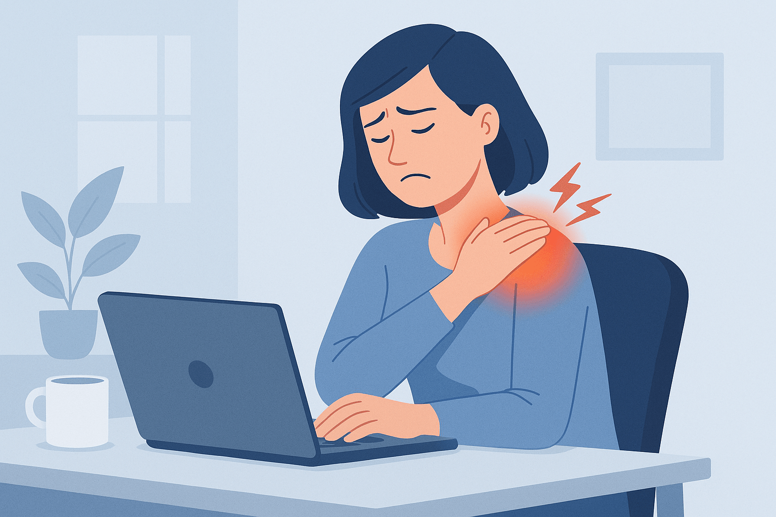 Douleurs aux épaules chez une femme assise devant son ordinateur portable