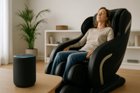 Une femme est confortablement installée dans un fauteuil de massage, devant elle se trouve une Smart Home Box