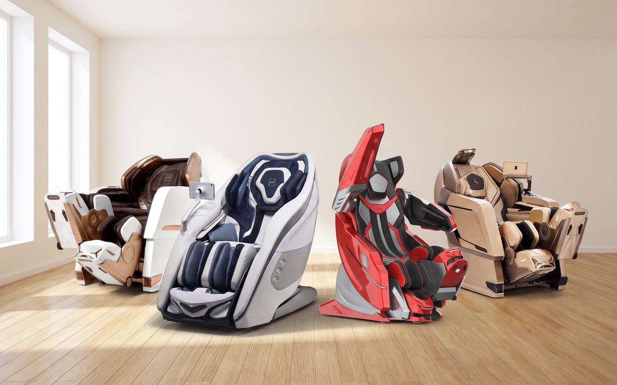 Vier Bodyfriend Massagesessel im Showroom: Phantom ROVO, Davinci, 733 und Quantum, Rendering