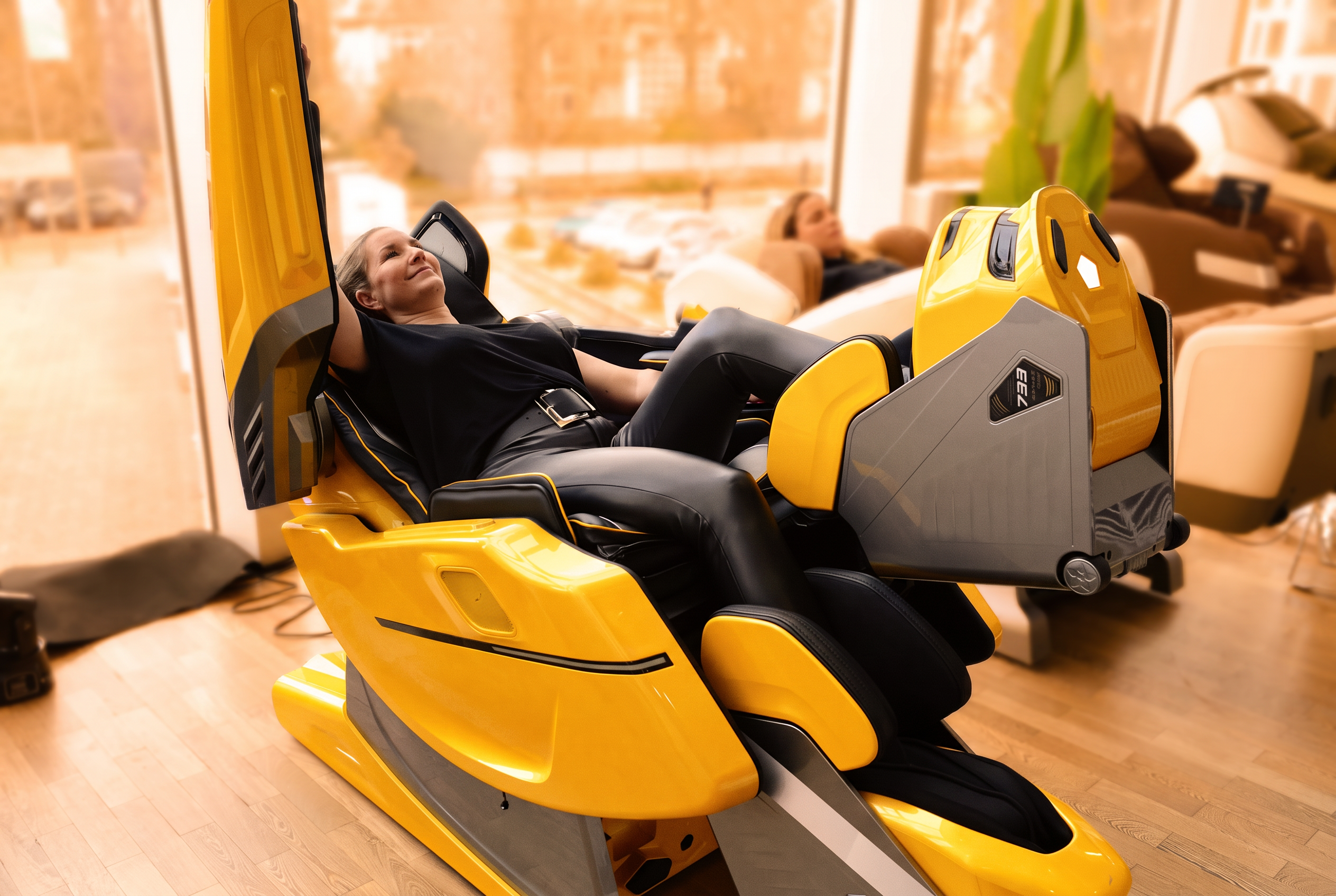 Bodyfriend 733 Massagesessel – Dame entspannt, Umfeld in Markenorange