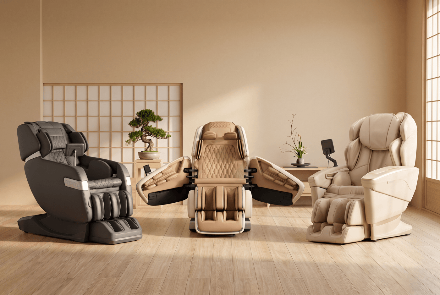 Poltrone da massaggio giapponesi dei marchi Fujiiryoki, OHCO e KOYO in un accogliente showroom